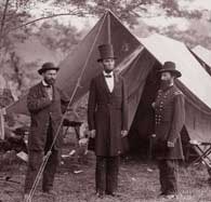 President Abraham Lincoln (center), at a Union Army encampment in October 1862.