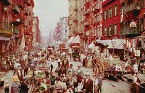Mulberry Street in New York City, also known as 'Little Italy,' in the early years of the 20th century.