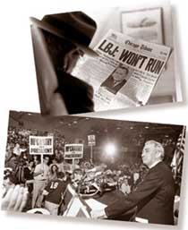 上﹕一位男子在閱讀1968年5月1日《芝加哥論壇報》上宣布約翰遜總統決定不競選連任的訊息。下﹕民主黨總統候選人尤金‧麥卡錫1968年4月在克利夫蘭對凱斯西儲大學學生發表講話。