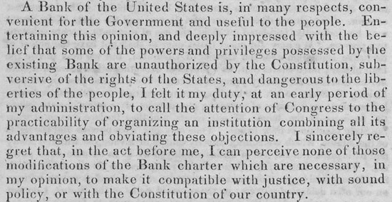 傑克森在否決銀行法案時對參議員提出的說明 Jackson's comments to the Senate when he vetoed (rejected) the bank bill. 