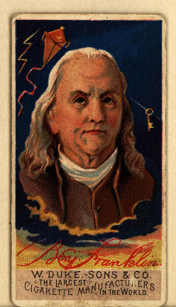 以班傑明富蘭克林為主角的遊戲卡 A trading card drawing of Ben Franklin with lightning 