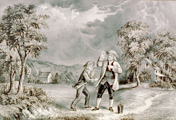 富蘭克林風箏實驗的畫像 A drawing of Franklin's kite experiment 