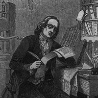 班傑明富蘭克林年輕時期坐於印刷廠桌旁的畫面 Benjamin Franklin as a young man, seated at desk in printing shop