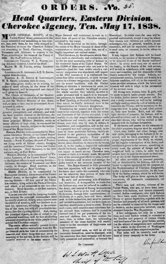 史考特少將接到的命令、是要求卻洛奇族人往西部移居  Orders given to Army Major General Scott telling him to force the Cherokee to move west 