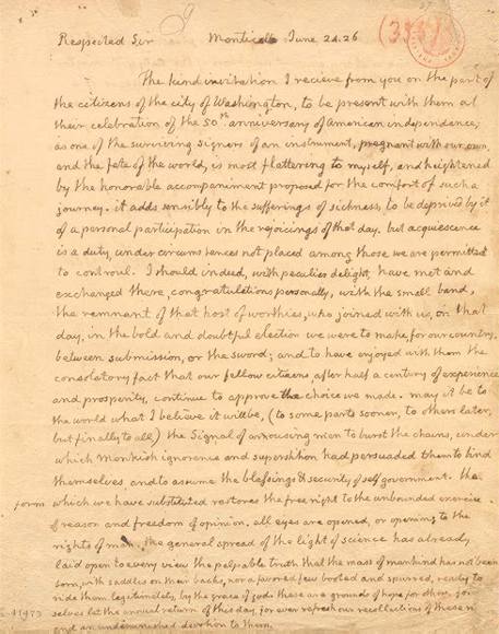 Thomas Jefferson (1743-1826) to Roger C. Weightman (1786-1876).