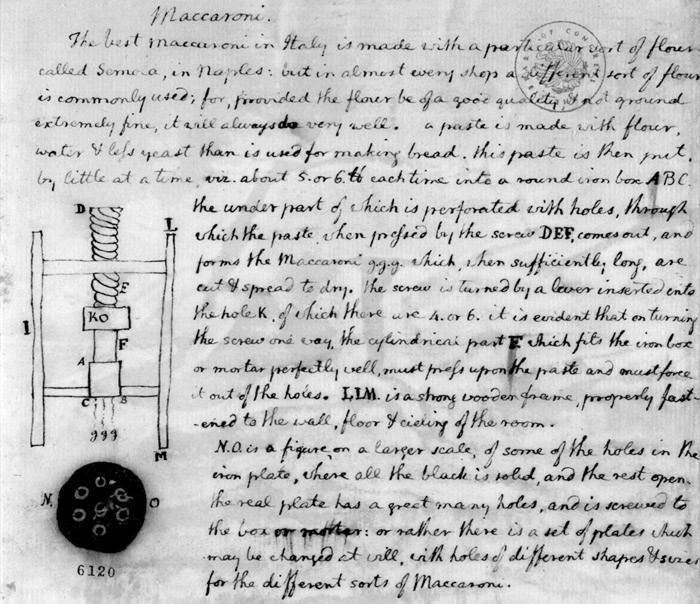 Thomas Jefferson's drawing of a macaroni machine.