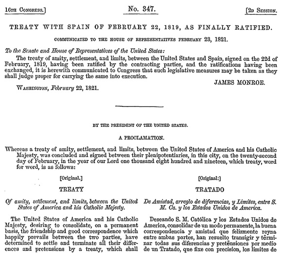 1819年2月22日，於西班牙籤署的協定 February 22, 1819, treaty with Spain