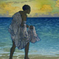 Painting of a Hawaiian fisherman holding fishing net