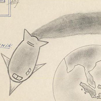 Pencil drawing of a spaceship and earth