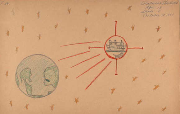 13歲美國女孩所繪的「史普尼克號」(Sputniki) ，1957年 Colored pencil drawing of a spaceship and earth