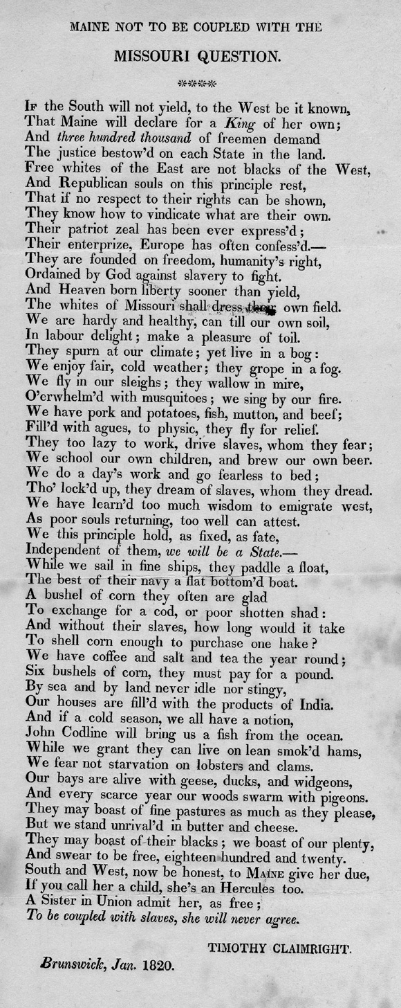表達希望緬因州不要成為密蘇里協定一部份的詩作內容 Poem asking that Maine not be a part of the Missouri Compromise 