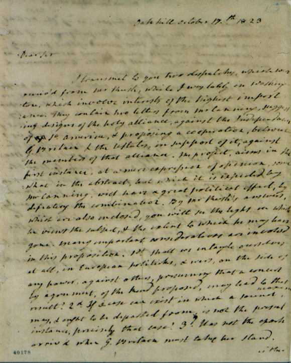 門羅寫信給傑佛遜尋求在外交政策上的建議 Monroe wrote a letter to Jefferson seeking foreign policy advice 