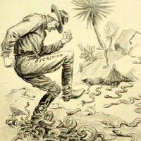 An angry General Pershing stomps a nest of rattlesnakes, called bandits and 'villistas,' followers of Pancho Villa