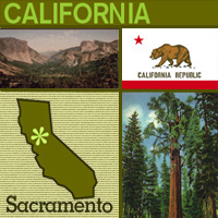 graphic map, flag and images of California