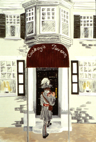 Artwork of 'Ghost' of a Confederate soldier entering Cockey's Tavern