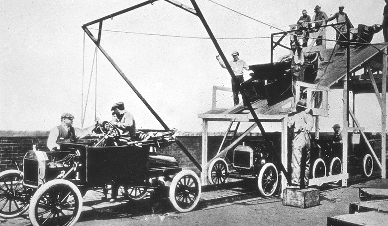 The first moving assembly line at Henry Ford's automobile factory in Detroit, Michigan