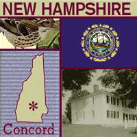 graphic map, bird and images of New Hampshire