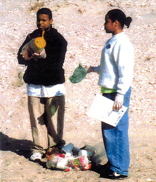 Photo of volunteers picking up and recording beach trash