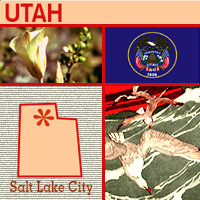 graphic map, flower, drawing of sea gull and seal of Utah