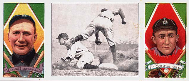 Left: Hughie Jennings, manager, Detroit American League. Center: Ty Cobb Steals Third [from Jimmy Austin, St. Louis Browns]. Right: Ty Cobb, outfield, Detroit, American League., 1912.