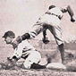 Left: Hughie Jennings, manager, Detroit American League. Center: Ty Cobb Steals Third [from Jimmy Austin, St. Louis Browns]. Right: Ty Cobb, outfield, Detroit, American League., 1912.