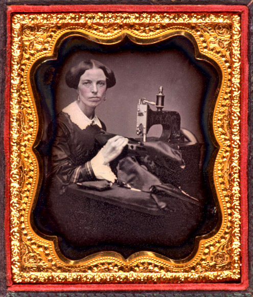 Occupational portrait of a woman working at a sewing machine, ca 1853