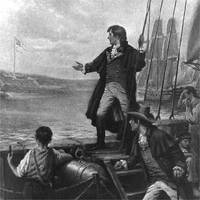 Francis Scott Key standing on boat, with right arm stretched out toward the United States flag flying over Fort McHenry, Baltimore, Maryland.