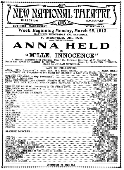 Playbill from M'lle. Innocence, New National Theatre, March 25, 1912.