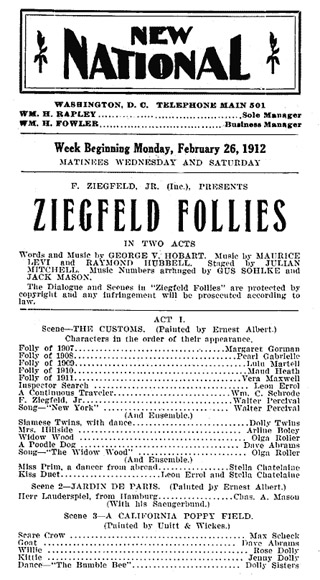 Playbill from the Ziegfield Follies, 1912.