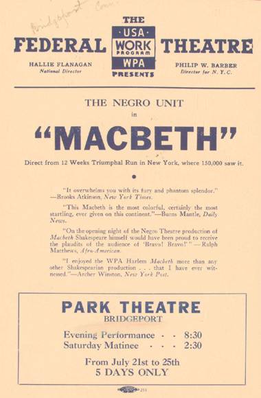 Federal Theatre Project Playbill from Bridgeport production of Macbeth