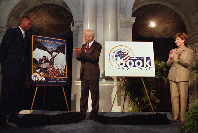 Photo of first lady Laura Bush, Librarian of Congress James H. Billington and Milwaukee Bucks basketball star Ray Allen announcing the National Book Festival