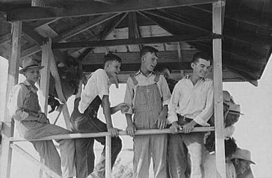 Boys in the judging stand watching the pie eating contest, 4-H Club fair, Cimarron, Kansas, 1939.