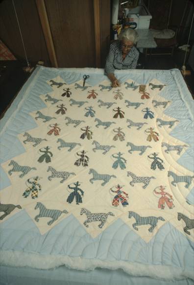 Bertha Marion works on her Cowboy quilt, August 1978.