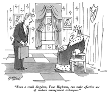 Salesman with attache case talking to a king