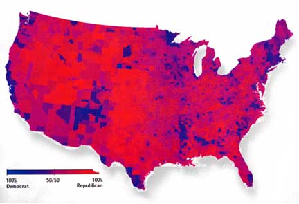 Map of the U.S. showing Republican and Democratic areas