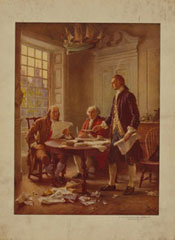 In this illustration, Benjamin Franklin, John Adams, and Thomas Jefferson draft the Declaration of Independence. The Declaration laid the groundwork for American democracy by proclaiming,
