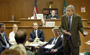 Rule of law can be complicated: above, a lawsuit alleging wrongful employment termination begins in court in the State of Washington, 2005.