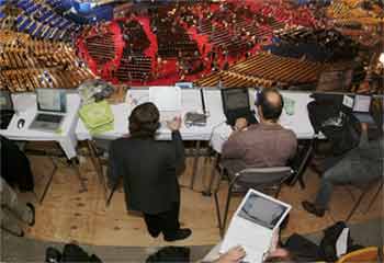 Writers posting their Internet blogs – personal observations – of the Democratic National Convention at FleetCenter in Boston, July 2004.  Freedom of expression is now well established in democracies, thanks in part to Zenger.