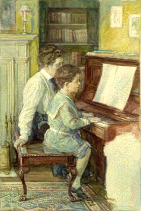 watercolor. "Woman giving little boy piano lesson"