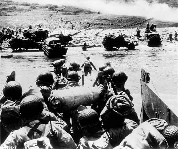 Photograph of U.S. troops on D-Day, June 6, 1944.