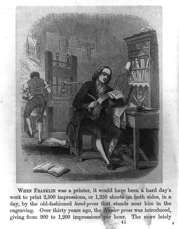 班傑明富蘭克林年輕時期坐於印刷廠桌旁的畫面 Benjamin Franklin as a young man, seated at desk in printing shop