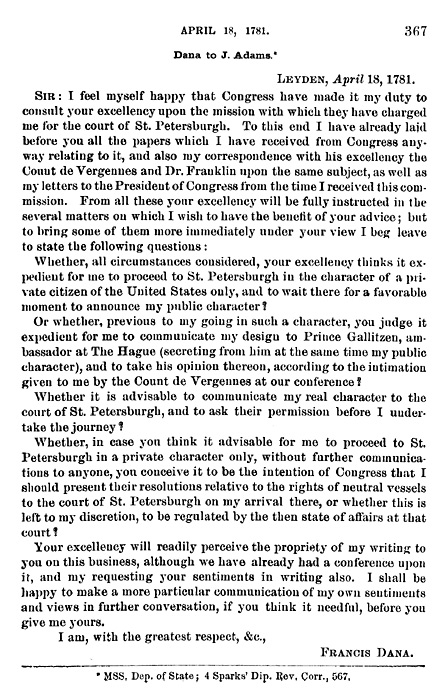 法蘭西斯丹那（Francis Dana）寫給約翰昆西亞當斯的信 Letter from Francis Dana to John Adams