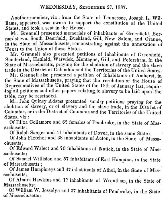 美國國會雜誌（Journal of the U.S. House）中關於約翰昆西亞當斯的報導「祈求廢除奴隸制度」Page from the Journal of the U.S. House in which John Quincy Adams "prays for the abolition of slavery" 