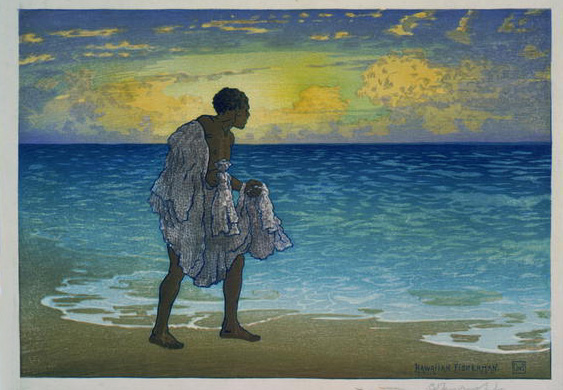 Painting of a Hawaiian fisherman holding fishing net