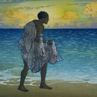 Painting of a Hawaiian fisherman holding fishing net