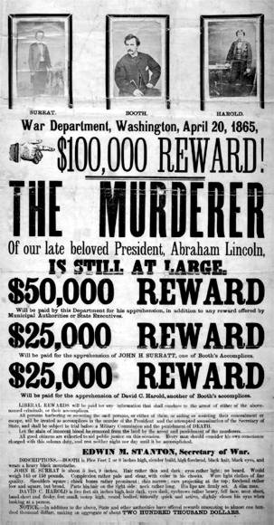 Wanted/reward poster for Lincoln's murderer.