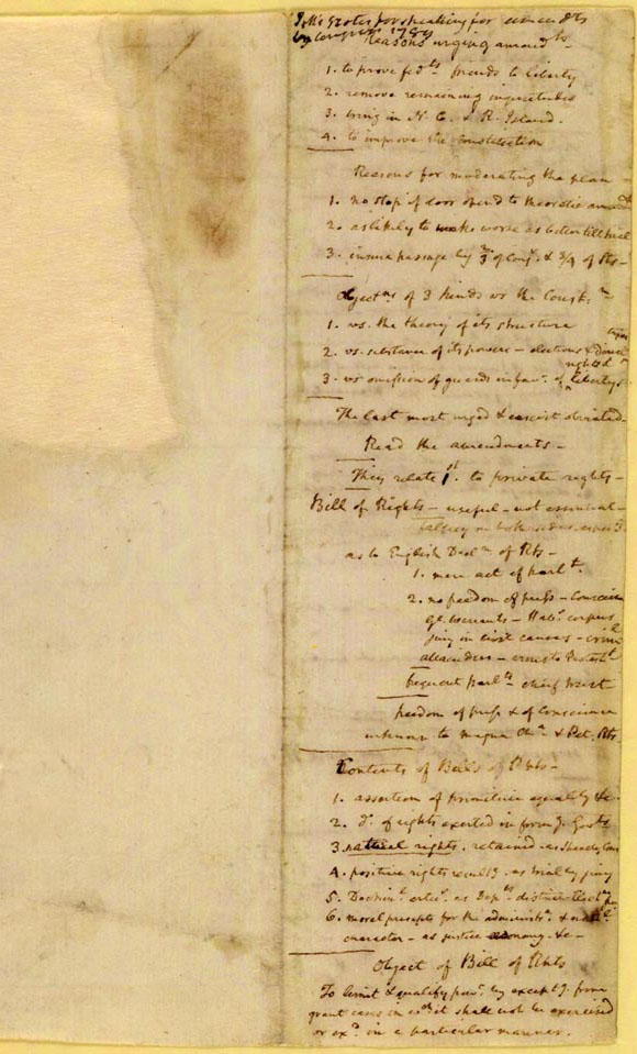 麥迪遜介紹權力法案演說的筆記 Madison's notes from a speech introducing the Bill of Rights 