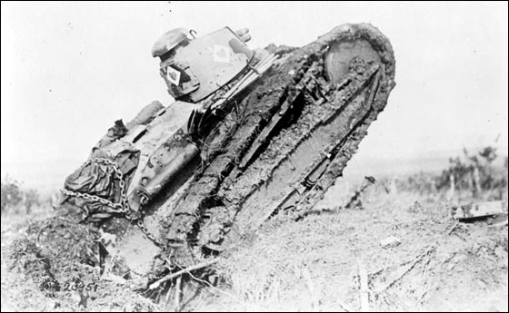 Photo of Allied tank in action during World War I.