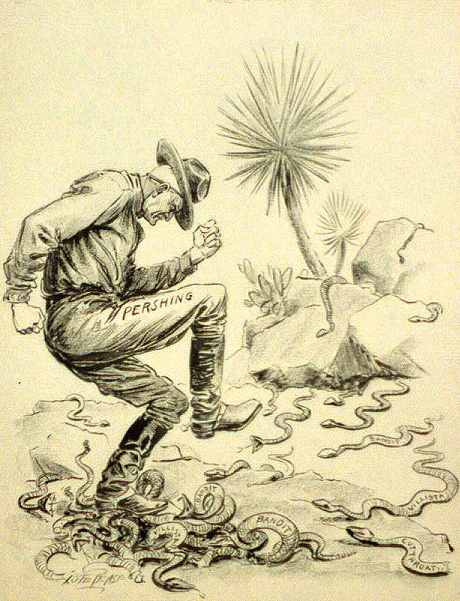 An angry General Pershing stomps a nest of rattlesnakes, called bandits and 'villistas,' followers of Pancho Villa