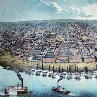 Bird's-eye view of St. Louis with riverboat traffic, 1859